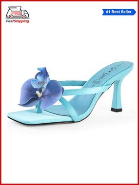 Women's Flower Kitten Heels Slide Sandals Slip On Open Toe Summer Beach Heels